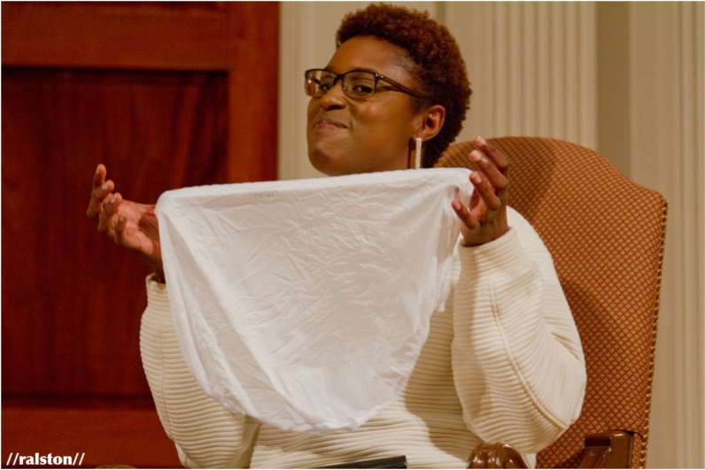 issa rae shares an inside joke w/ an audience member/friend who threw a pair of granny panties on stage during her Q&A